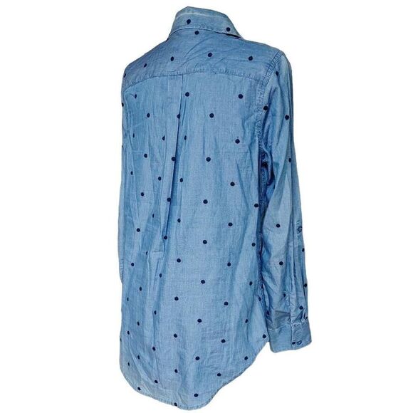 Crown & Ivy Blue Chambray Navy Embroidered Polka Dot Button Down Size M Top - Picture 6 of 7